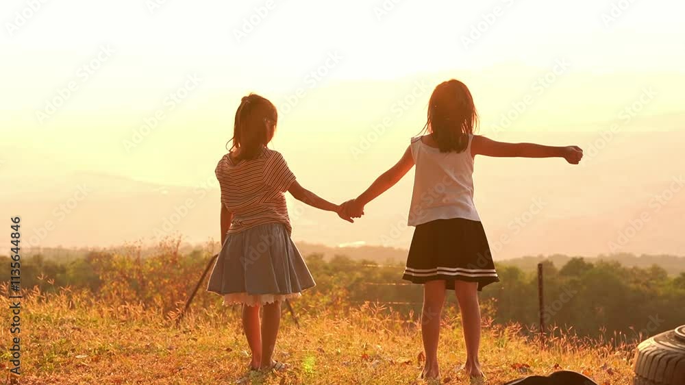 Silhouette of two little girls are happily playing on meadow during a summer sunset. Family love with colorful sunset. Silhouette of two little girls are happily playing on meadow during a summer sunset. Family love with colorful sunset.