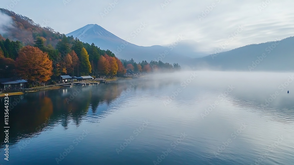 Misty Autumn Morning on Lake Kawaguchi, Fuji Mountain in the Background. AI Generated