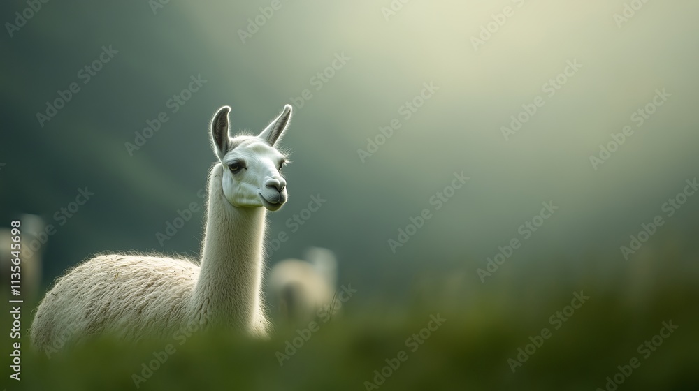Obraz premium A serene llama gazes into the distance, surrounded by soft green grass and a hazy background, evoking calmness.
