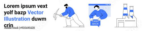 Worker with pickaxe, person holding cash back sign, industrial factory. Ideal for business, economy, labor, finance, industrial automation, e-commerce, and manufacturing themes. Landing page