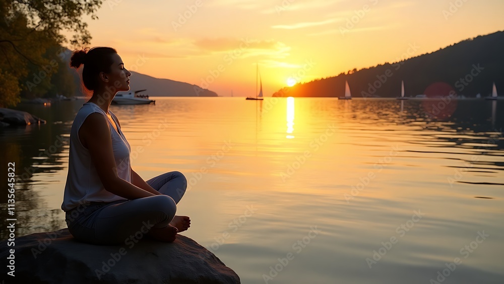 Fototapeta premium Serene sunset meditation by a tranquil lake.