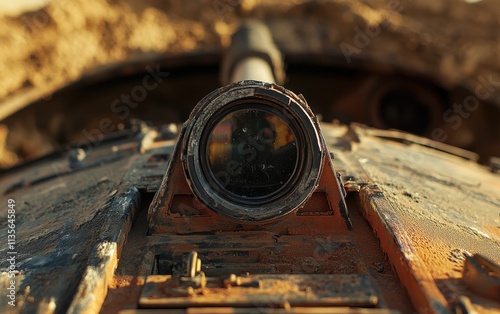 Close-up of a weathered tank periscope, hinting at battles past and stories untold. A glimpse into military history. photo