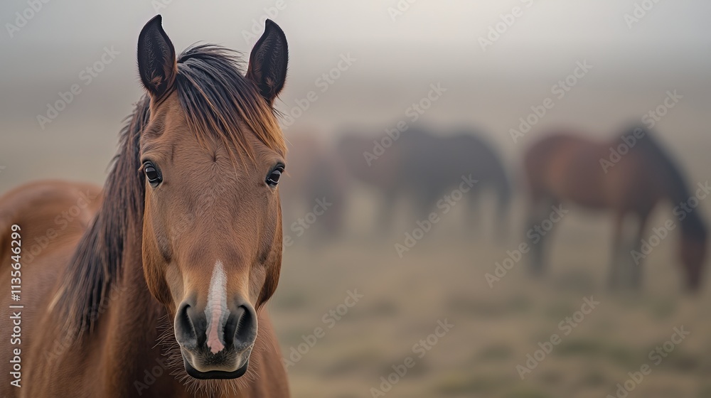 Obraz premium A majestic bay horse with a silky mane stands out against a foggy backdrop of grazing horses.