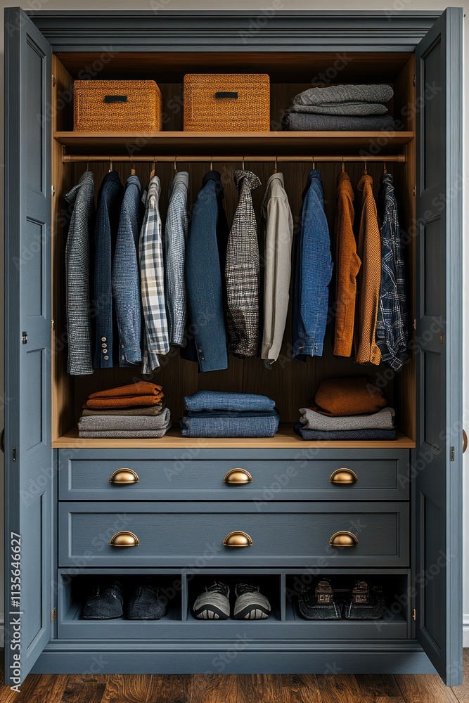 Organized wardrobe with clothes, shoes, and storage boxes. Organized wardrobe with clothes, shoes, and storage boxes.