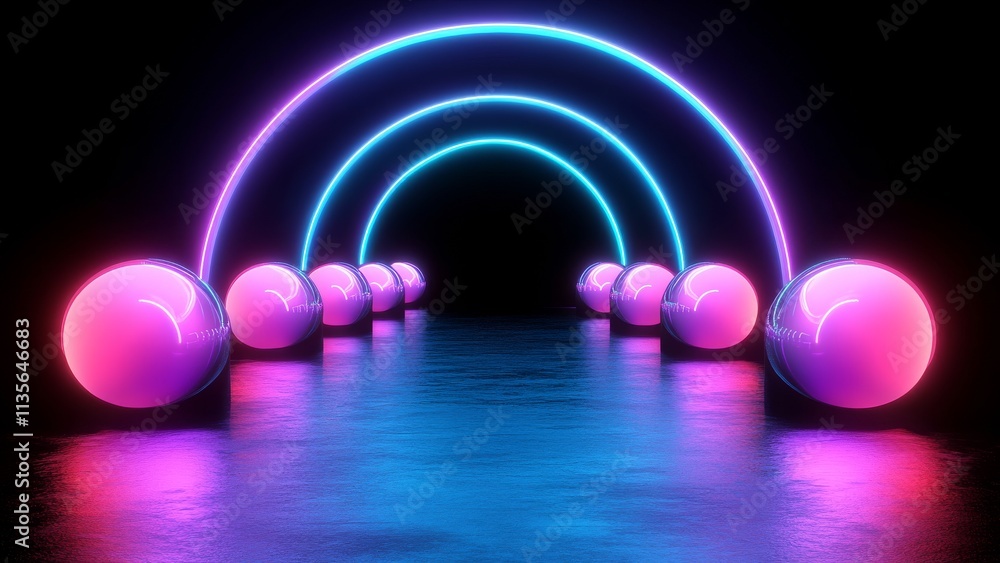 Colorful neon arches create a vibrant pathway in dark space Colorful neon arches create a vibrant pathway in dark space