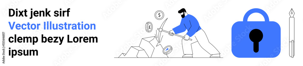 Person mining symbols with a pickaxe, including a dollar sign and bitcoin large blue padlock and pen to the right. Ideal for blockchain, cryptocurrency, finance, security, technology, investment Person mining symbols with a pickaxe, including a dollar sign and bitcoin large blue padlock and pen to the right. Ideal for blockchain, cryptocurrency, finance, security, technology, investment