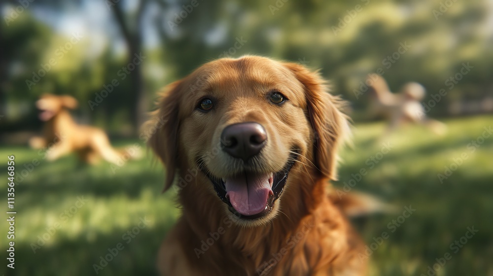 A joyful golden retriever dog smiles at the camera in a sunny park, surrounded by fellow dogs playing in the background. A joyful golden retriever dog smiles at the camera in a sunny park, surrounded by fellow dogs playing in the background.