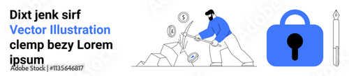 Person mining symbols with a pickaxe, including a dollar sign and bitcoin large blue padlock and pen to the right. Ideal for blockchain, cryptocurrency, finance, security, technology, investment