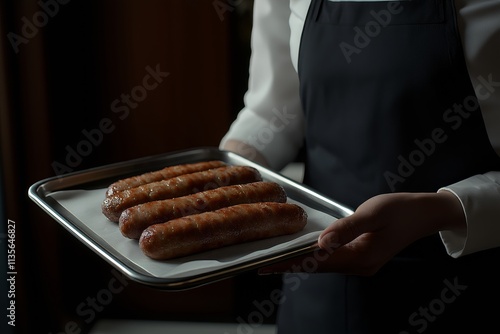 A chef presents a plate of delicious Kebapche, a traditional grilled dish. The juicy sausages are perfectly cooked, ideal for any mealtime celebration. photo