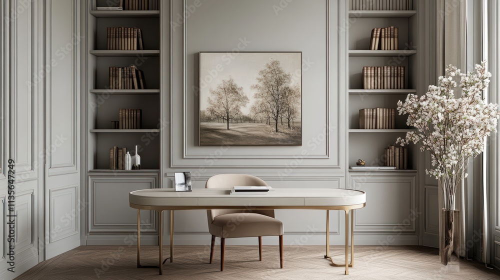 Fototapeta premium Elegant home office with painting, bookshelves, and desk.