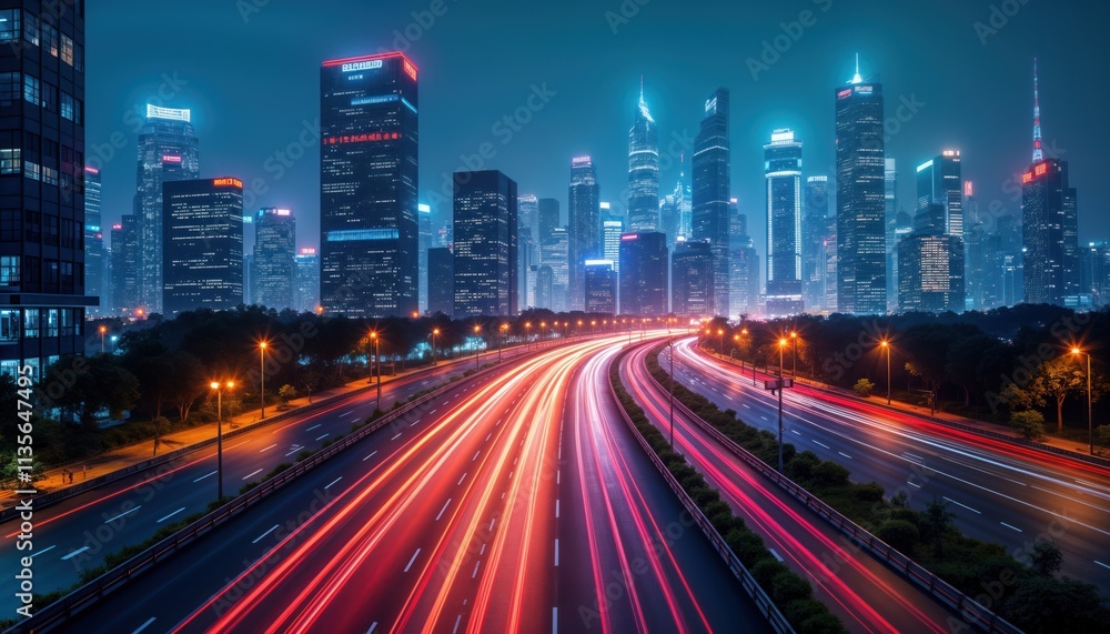 Futuristic cityscape at night. High-rise buildings illuminated by neon lights. Traffic motion blurs on highway. Urban development. No people. Panoramic view. Modern architecture. Abstract photo. Futuristic cityscape at night. High-rise buildings illuminated by neon lights. Traffic motion blurs on highway. Urban development. No people. Panoramic view. Modern architecture. Abstract photo.
