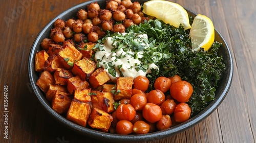 An overhead view of a Buddha bowl featuring golden roasted sweet potatoes, crispy chickpeas, kale, and cherry tomatoes, topped with a drizzle of tahini,