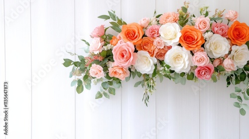 Podium valentine concept. Floral arrangement with roses on a white wooden background.