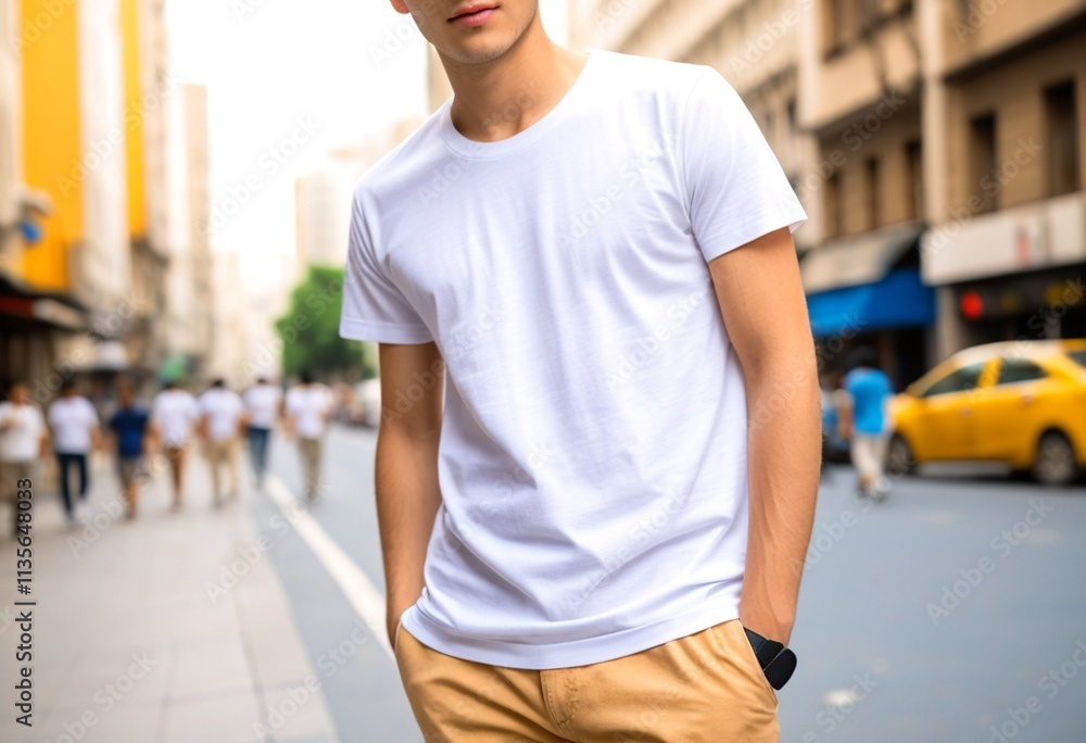 A man in a white t-shirt stands on a city street, with a yellow taxi and blurred pedestrians in the background. A man in a white t-shirt stands on a city street, with a yellow taxi and blurred pedestrians in the background.