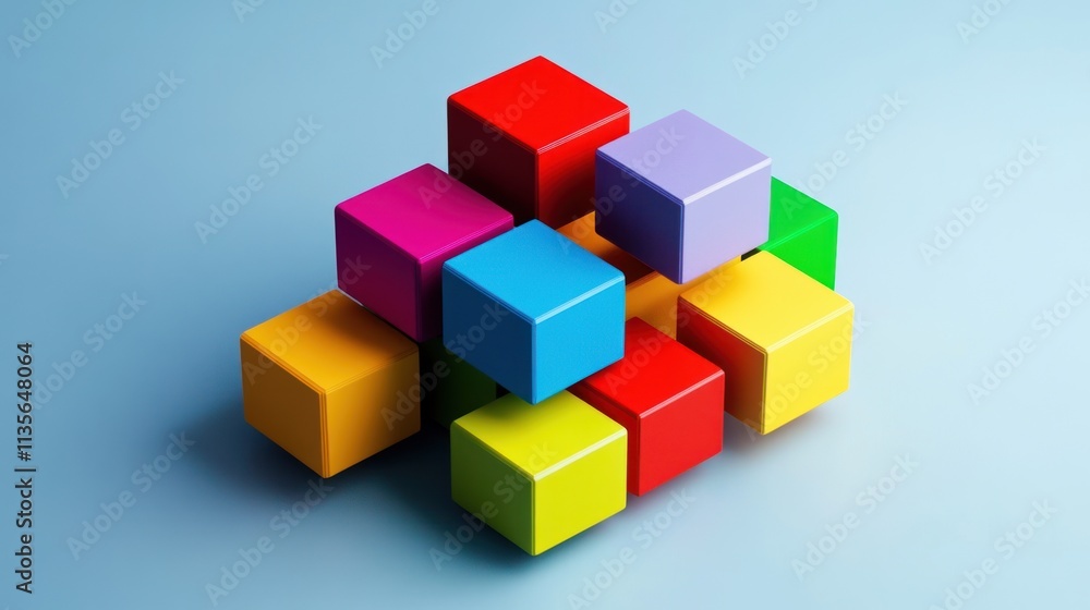 Abstract Colorful Cubes Composition: A vibrant arrangement of multi-colored blocks forming a complex structure, showcasing a concept of unity and connection. Abstract Colorful Cubes Composition: A vibrant arrangement of multi-colored blocks forming a complex structure, showcasing a concept of unity and connection.