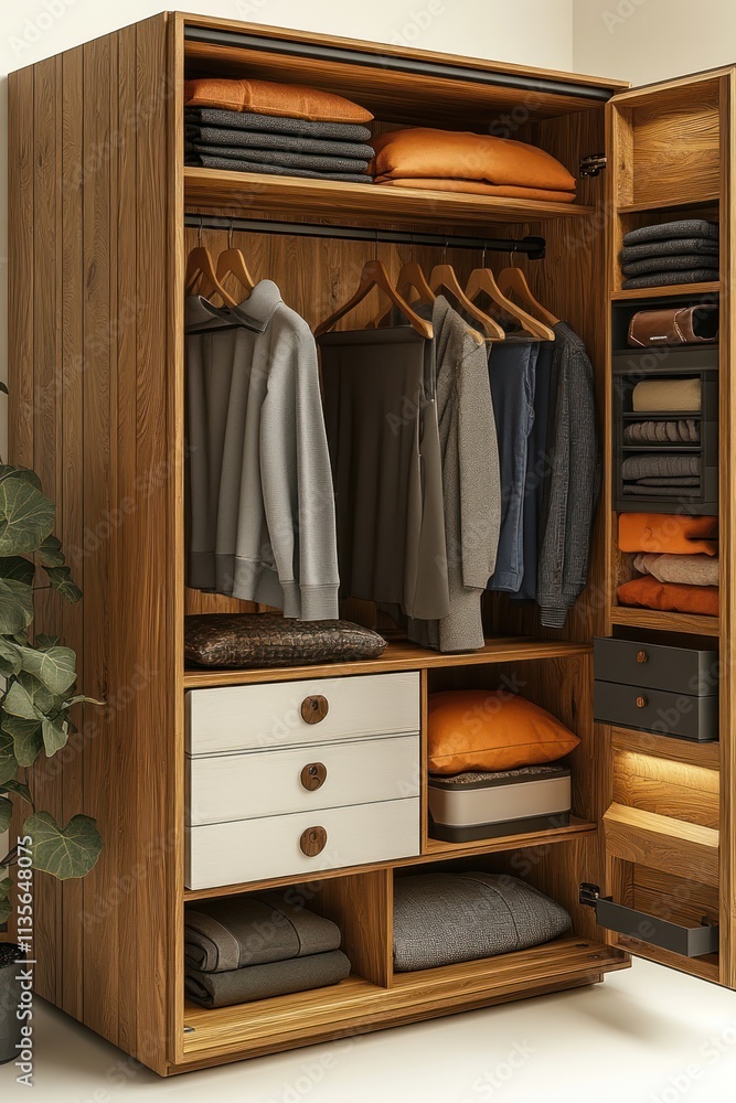 Modern wooden wardrobe with clothes, shelves, drawers, and storage space. Modern wooden wardrobe with clothes, shelves, drawers, and storage space.