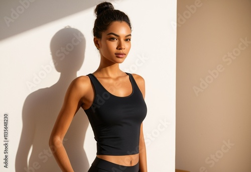 A woman in a black tank top and leggings stands against a white wall, her shadow cast on the wall, with a serious expression.