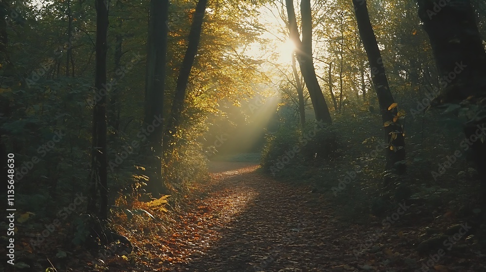 Obraz premium Sunlit Autumn Forest Path: A Misty Morning Scene. AI Generated