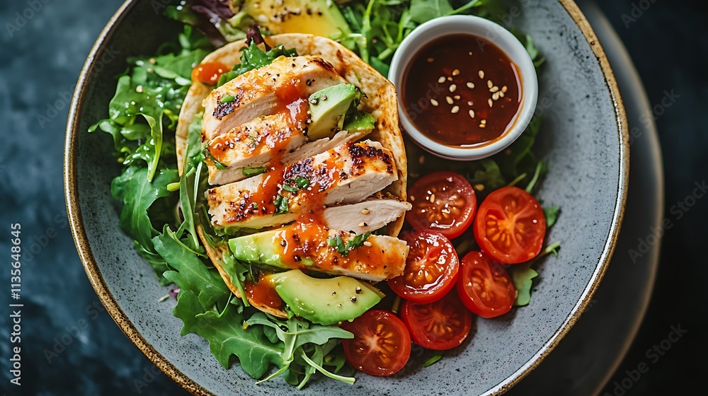 An overhead view of a wholesome lunch featuring a whole-grain wrap stuffed with turkey, avocado, and mixed greens, served on a ceramic plate with a side of cherry tomatoes and dipping sauce, An overhead view of a wholesome lunch featuring a whole-grain wrap stuffed with turkey, avocado, and mixed greens, served on a ceramic plate with a side of cherry tomatoes and dipping sauce,
