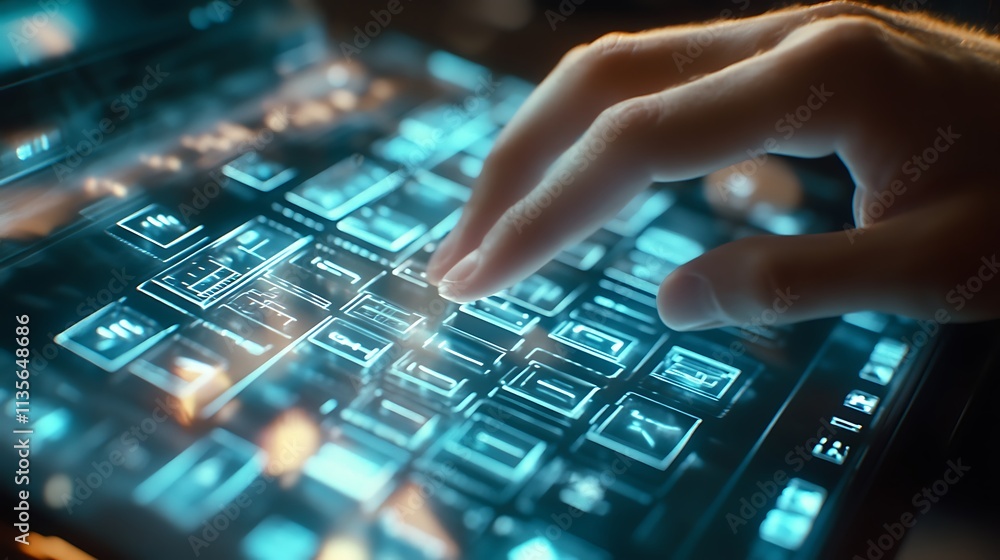 Hand interacts with futuristic touchscreen display, finger tapping on interface. Hand interacts with futuristic touchscreen display, finger tapping on interface.