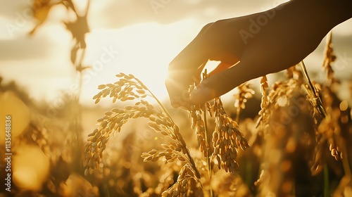 Hand touches golden rice plants at sunset, soft golden light.