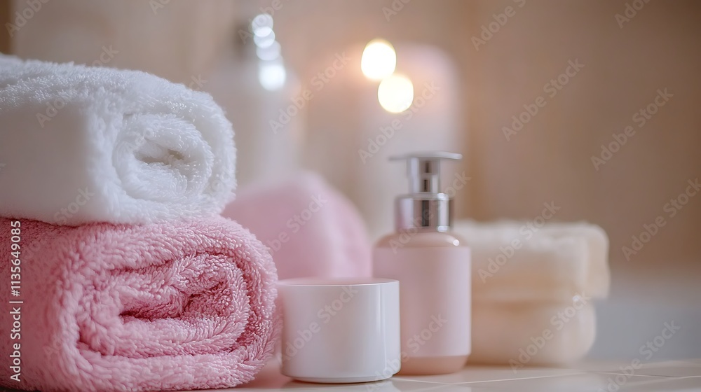 Soft Pink & White Bath Towels and Spa Products in a Luxurious Bathroom Setting. AI Generated Soft Pink & White Bath Towels and Spa Products in a Luxurious Bathroom Setting. AI Generated