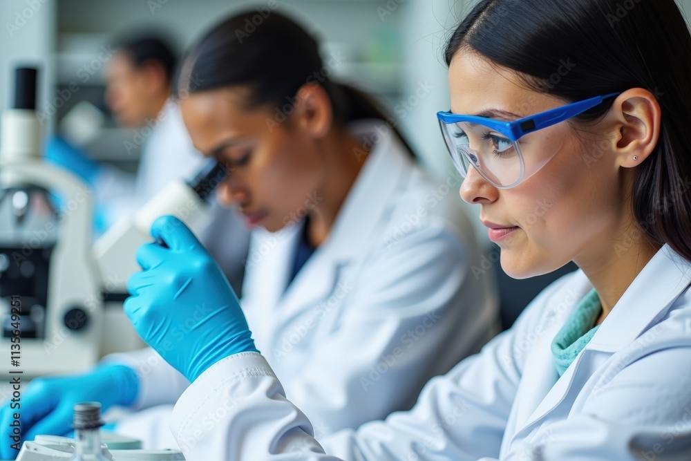 Focused Female Scientists in Lab Coats Conducting Experiments: Perfect for Science Education, Research Promotion, and STEM Inspiration Focused Female Scientists in Lab Coats Conducting Experiments: Perfect for Science Education, Research Promotion, and STEM Inspiration