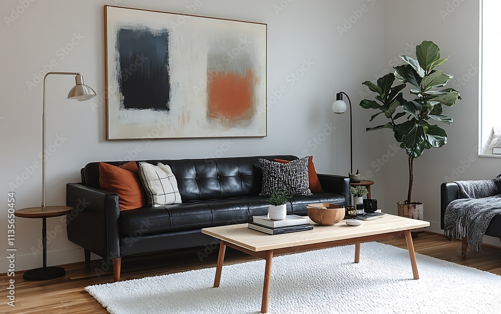 Modern living room with black leather sofa, abstract art, and fiddle leaf fig. Modern living room with black leather sofa, abstract art, and fiddle leaf fig.