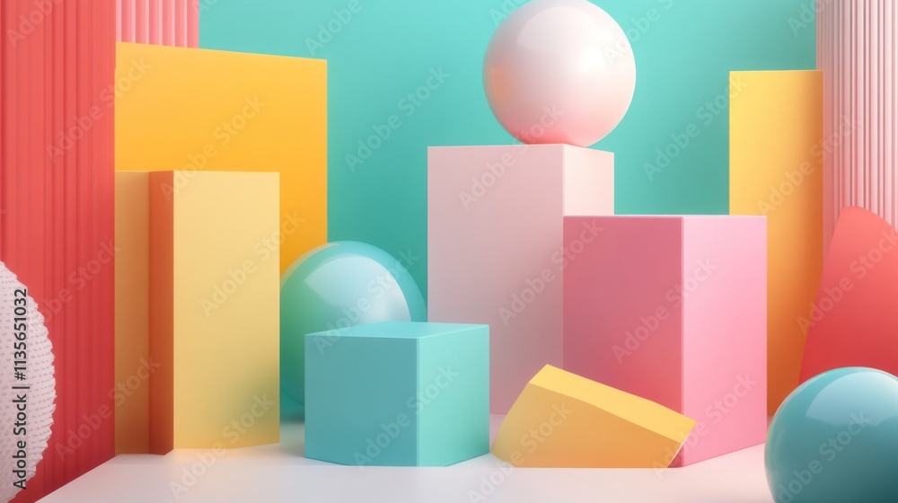 Abstract Pastel Geometric Composition: A vibrant display of pastel spheres and colorful geometric shapes create a playful and modern aesthetic. Abstract Pastel Geometric Composition: A vibrant display of pastel spheres and colorful geometric shapes create a playful and modern aesthetic.