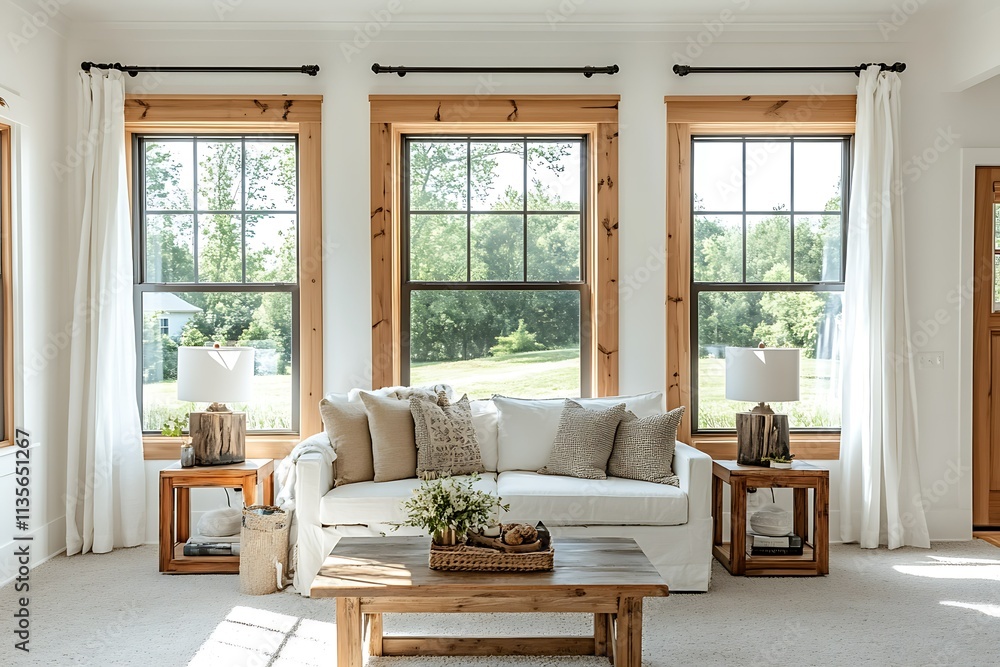 Bright living room with three large windows, white sofa, wooden coffee table, and natural light. Bright living room with three large windows, white sofa, wooden coffee table, and natural light.