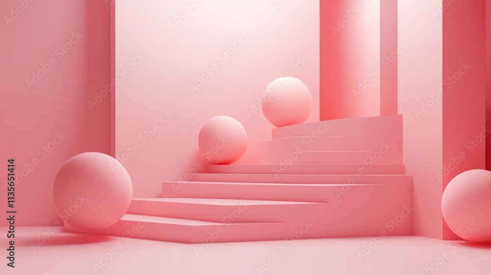 Pink Minimalist Abstract Scene with Spheres and Steps Pink Minimalist Abstract Scene with Spheres and Steps
