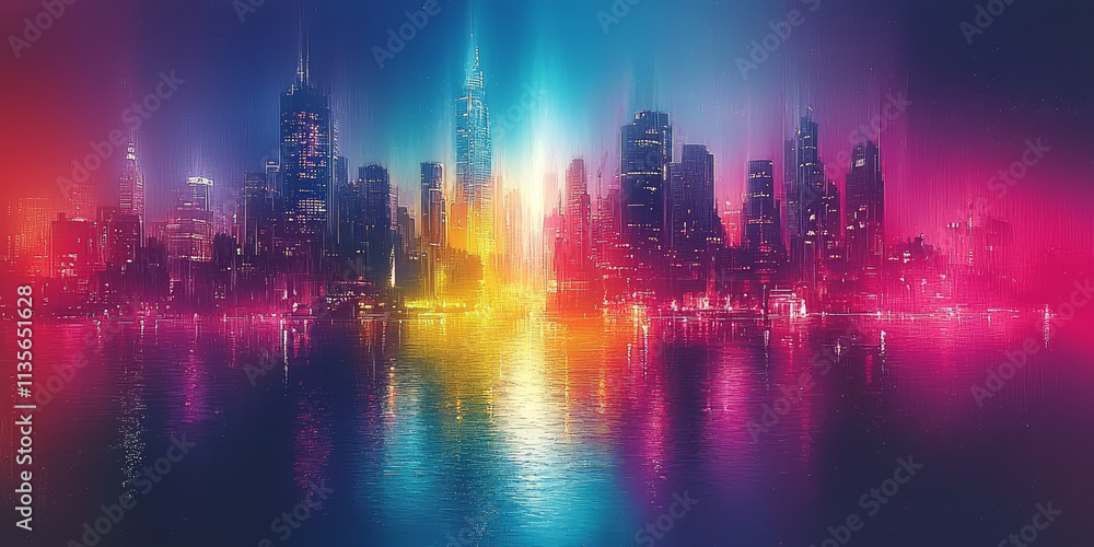 Vibrant Night Cityscape with Reflections on Water Vibrant Night Cityscape with Reflections on Water