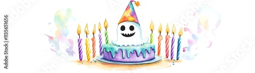 A playful birthday cake with a ghost theme and colorful candles, fun festive atmosphere. photo