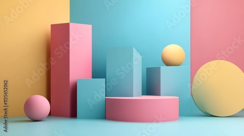 Pastel Geometric Shapes Abstract Composition: A Playful Minimalist 3D Render