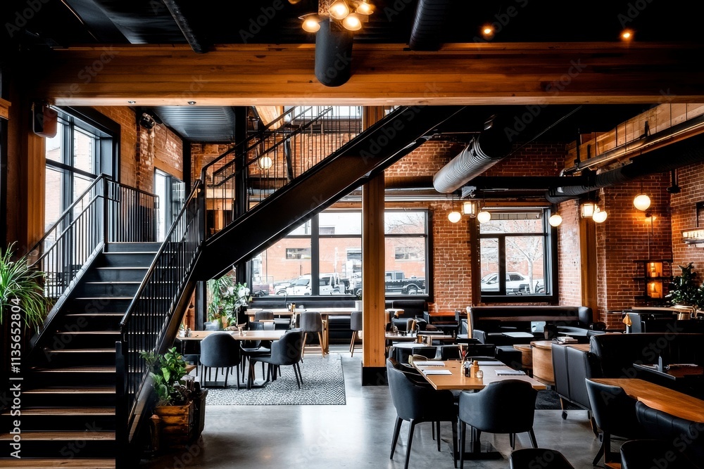 Fototapeta premium Modern Restaurant Interior with Exposed Brick and Wooden Beams.