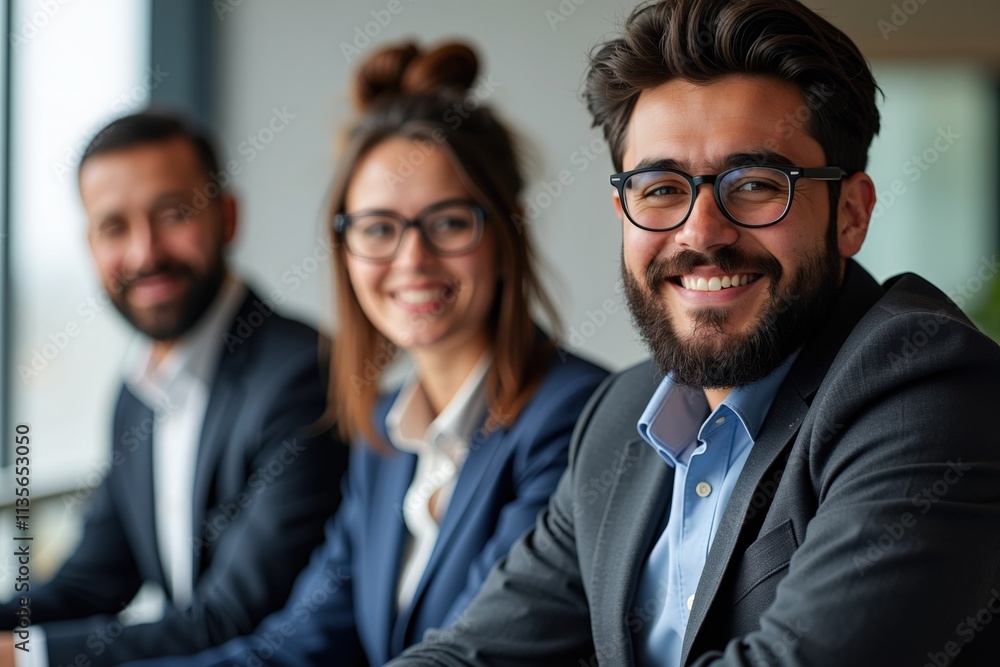 Professional Business Team in Office Setting Smiling Confidently, Perfect for Corporate Marketing or Company Website Professional Business Team in Office Setting Smiling Confidently, Perfect for Corporate Marketing or Company Website