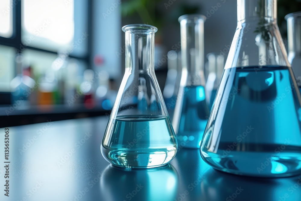 Discover the Beauty of Scientific Precision with These Blue Liquid Filled Erlenmeyer Flasks in a Modern Laboratory Setting Discover the Beauty of Scientific Precision with These Blue Liquid Filled Erlenmeyer Flasks in a Modern Laboratory Setting