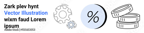 Two gray gears, a large percentage sign in a blue circle, and a stack of three coins. Ideal for finance, business strategies, financial services, economic growth, investment opportunities, banking