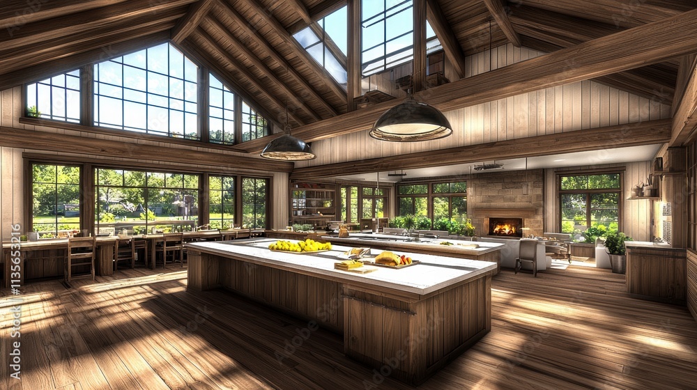 Luxurious Rustic Kitchen with Cathedral Ceiling and Large Windows Luxurious Rustic Kitchen with Cathedral Ceiling and Large Windows