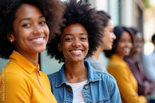 Happy Multi-Ethnic Women Group Smiling Together in Casual Outdoor Setting, Perfect for Diversity and Inclusion Campaigns photo