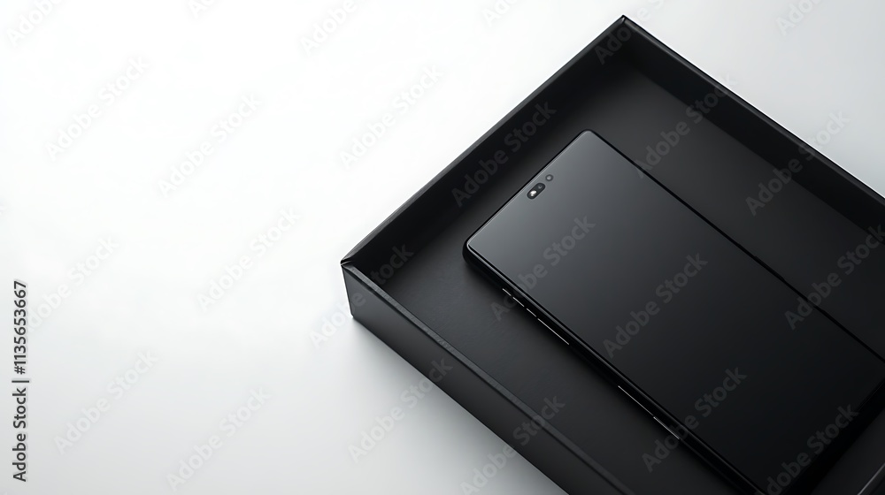 Sleek black phone in box, top view on white. Sleek black phone in box, top view on white.