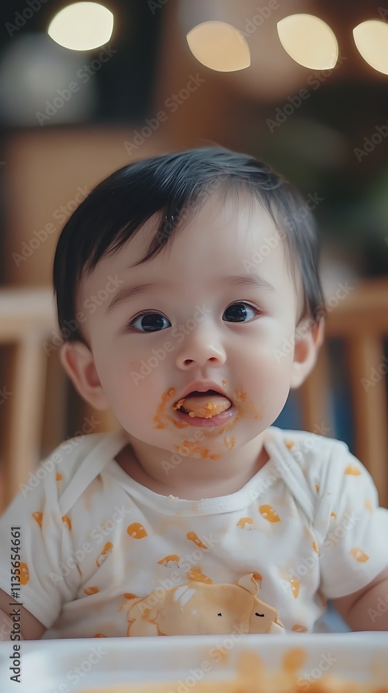 Adorable Baby's Messy First Mealtime. AI Generated Adorable Baby's Messy First Mealtime. AI Generated