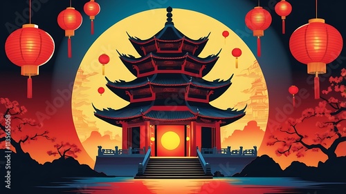 Serene Pagoda Sunset Scene With Red Lanterns