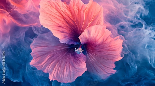 Wallpaper Mural Pink Hibiscus Flower in Blue Ink Swirl: Abstract Digital Art. AI Generated Torontodigital.ca