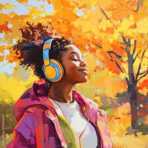Black woman enjoying music on a park bench, wearing colorful headphones