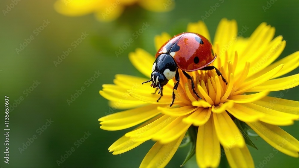 Naklejka premium Ladybug Larva on Dandelion, Macro Photography, Nature, Close-up, Detailed, Vivid Colors, Intricate Details, Soft Focus, Beautiful, Wildlife, Insect, Macro, Dandelion, Larva, Bug, Amazing