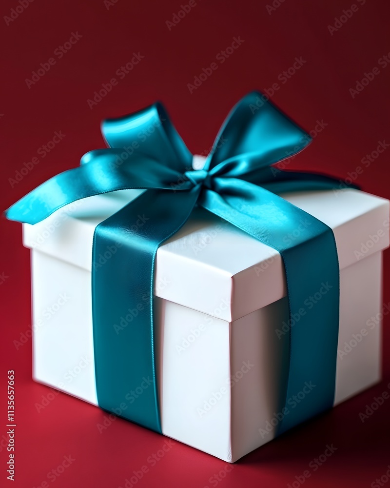 A beautifully wrapped gift box with a teal ribbon on a red background. A beautifully wrapped gift box with a teal ribbon on a red background.