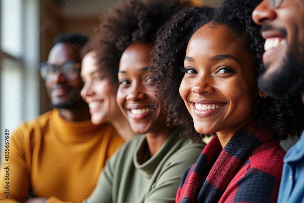 Diverse Group of Young Adults Smiling Together in a Bright Room, Perfect for Promoting Unity, Diversity, and Happiness in Marketing Campaigns Diverse Group of Young Adults Smiling Together in a Bright Room, Perfect for Promoting Unity, Diversity, and Happiness in Marketing Campaigns