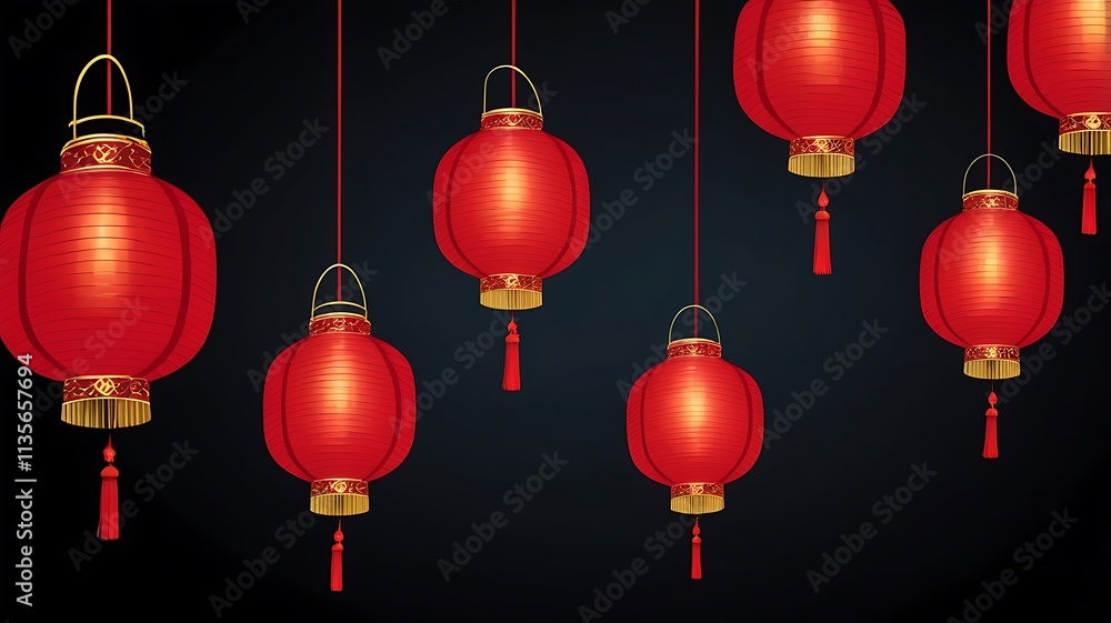 Red Chinese Lanterns Hanging Against Black Background Red Chinese Lanterns Hanging Against Black Background