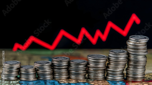 Stacks of coins ascending against a backdrop of a red downward trending graph, illustrating financial downturn or economic crisis.